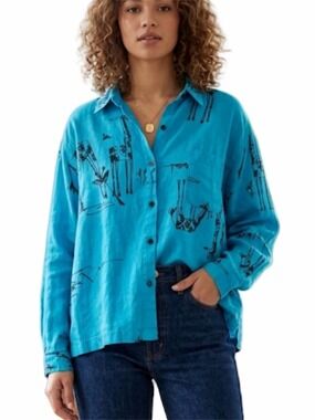 Chico’s Giraffe Print Linen blouse/Jacket Turquoise Boxy Button Front Size 3